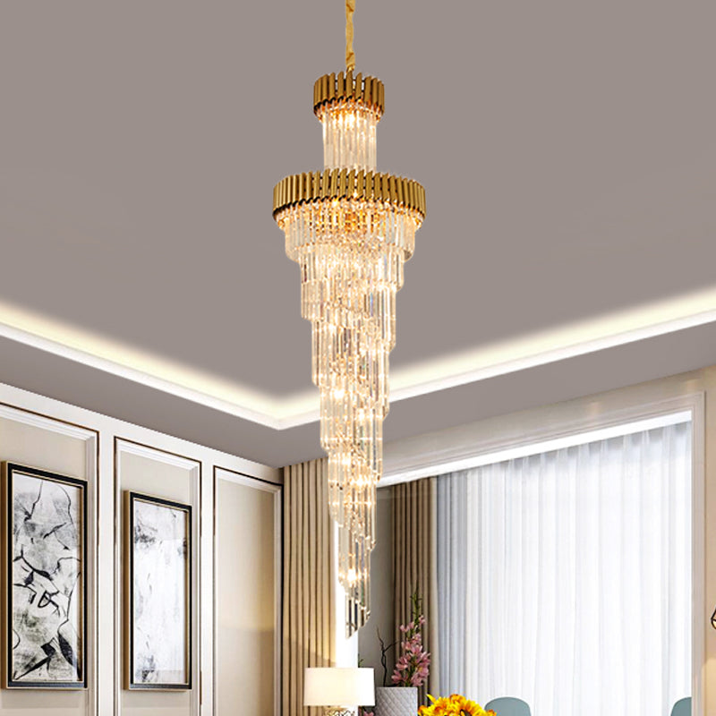 Spiral Crystal Prism Chandelier Contemporary 14 Lights Banquet Hall Ceiling Pendant Lamp in Black/Brass Brass Clearhalo 'Ceiling Lights' 'Chandeliers' 'Modern Chandeliers' 'Modern' Lighting' 787279