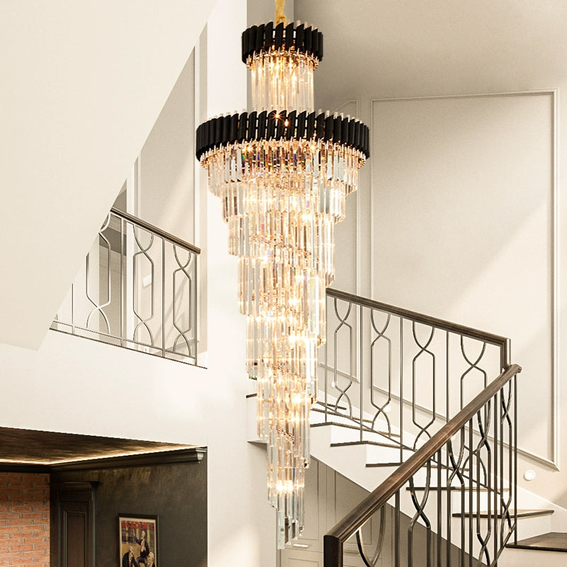 Spiral Crystal Prism Chandelier Contemporary 14 Lights Banquet Hall Ceiling Pendant Lamp in Black/Brass Clearhalo 'Ceiling Lights' 'Chandeliers' 'Modern Chandeliers' 'Modern' Lighting' 787283