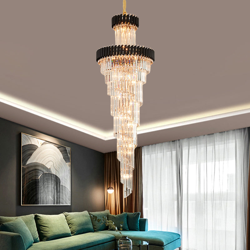Spiral Crystal Prism Chandelier Contemporary 14 Lights Banquet Hall Ceiling Pendant Lamp in Black/Brass Clearhalo 'Ceiling Lights' 'Chandeliers' 'Modern Chandeliers' 'Modern' Lighting' 787284