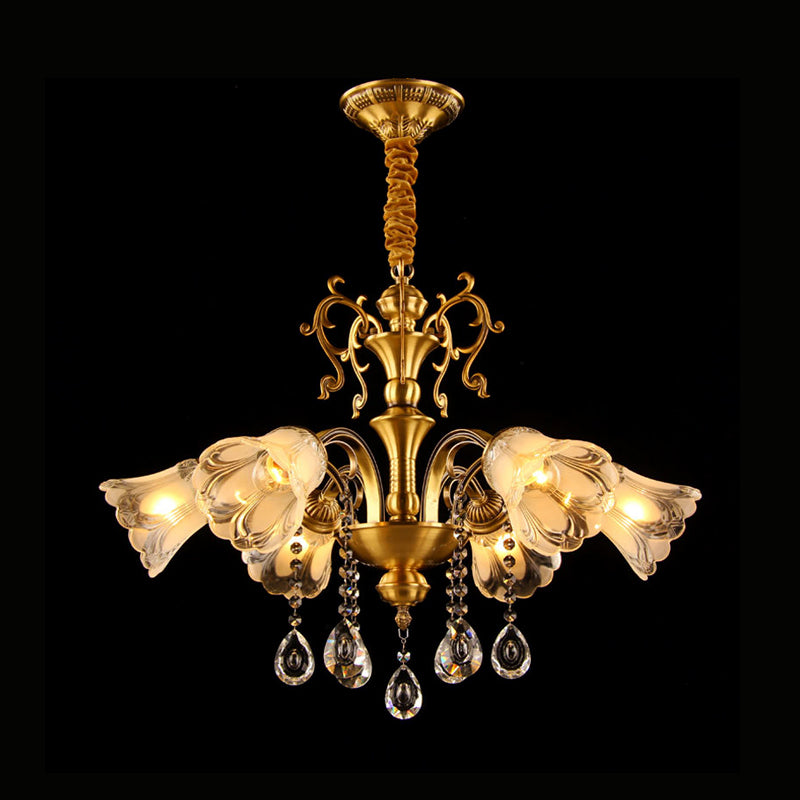 Brass Flower Pendant Chandelier Retro Clear Glass 6 Lights Living Room Hanging Lamp with Crystal Drape Clearhalo 'Ceiling Lights' 'Chandeliers' 'Modern Chandeliers' 'Modern' Lighting' 787288