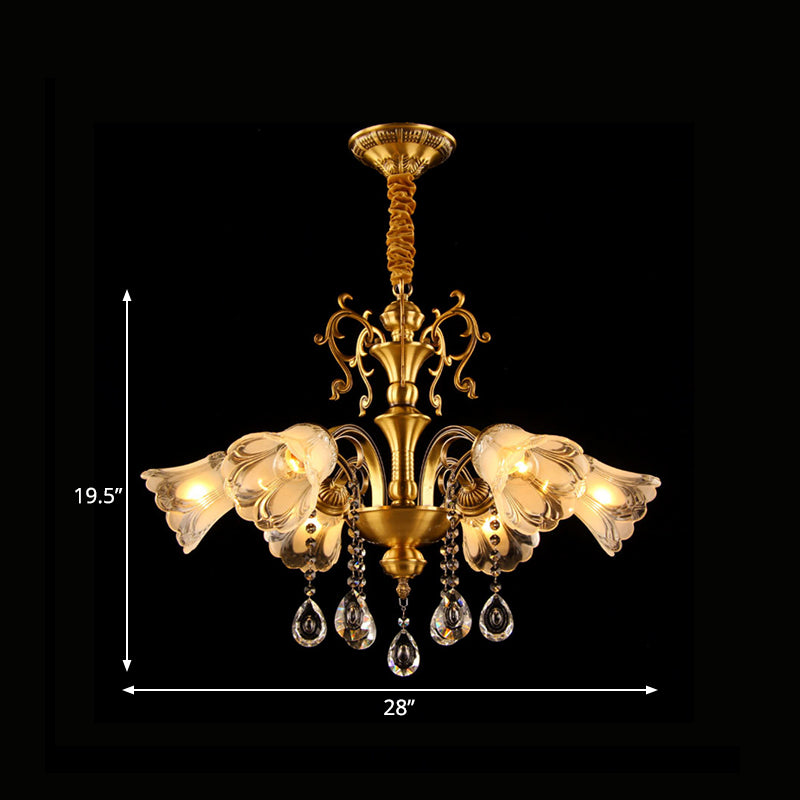 Brass Flower Pendant Chandelier Retro Clear Glass 6 Lights Living Room Hanging Lamp with Crystal Drape Clearhalo 'Ceiling Lights' 'Chandeliers' 'Modern Chandeliers' 'Modern' Lighting' 787290