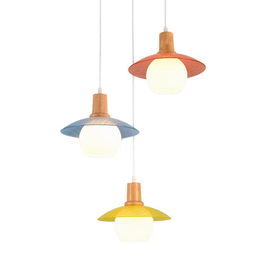 Macaron Disk Multi Pendant Light Blue-Pink-Yellow Glass 3 Bulbs Dining Room Drop Lamp with Wood Top Clearhalo 'Ceiling Lights' 'Chandeliers' 'Glass shade' 'Glass' 'Modern Pendants' 'Modern' 'Pendant Lights' 'Pendants' Lighting' 787668