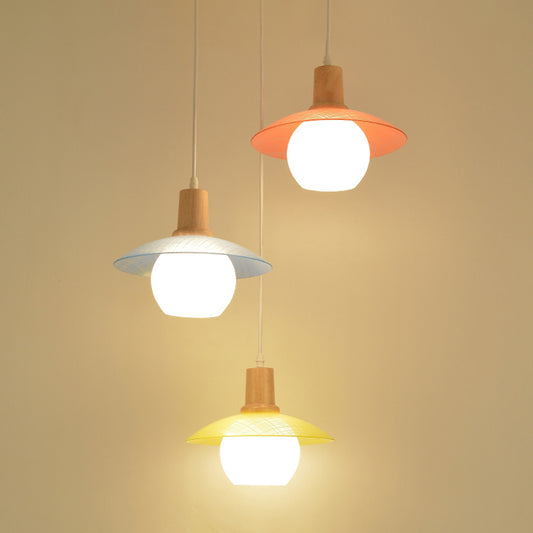 Macaron Disk Multi Pendant Light Blue-Pink-Yellow Glass 3 Bulbs Dining Room Drop Lamp with Wood Top Clearhalo 'Ceiling Lights' 'Chandeliers' 'Glass shade' 'Glass' 'Modern Pendants' 'Modern' 'Pendant Lights' 'Pendants' Lighting' 787669