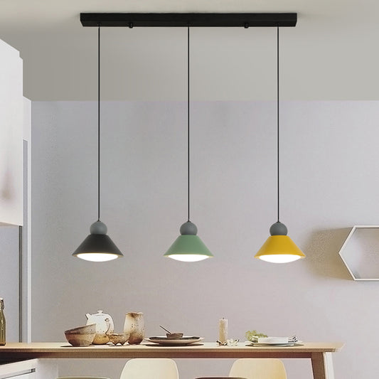 3-Light Dining Room Multi Ceiling Light Macaron Black-Green-Yellow LED Pendant Lamp with Conic Metal Shade Black Clearhalo 'Ceiling Lights' 'Modern Pendants' 'Modern' 'Pendant Lights' 'Pendants' Lighting' 787671