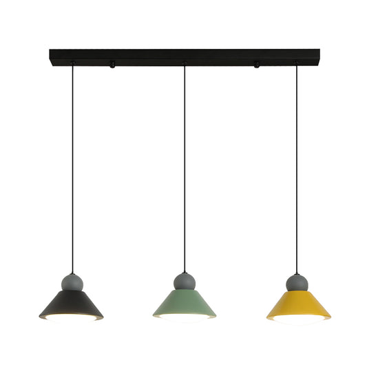 3-Light Dining Room Multi Ceiling Light Macaron Black-Green-Yellow LED Pendant Lamp with Conic Metal Shade Clearhalo 'Ceiling Lights' 'Modern Pendants' 'Modern' 'Pendant Lights' 'Pendants' Lighting' 787672