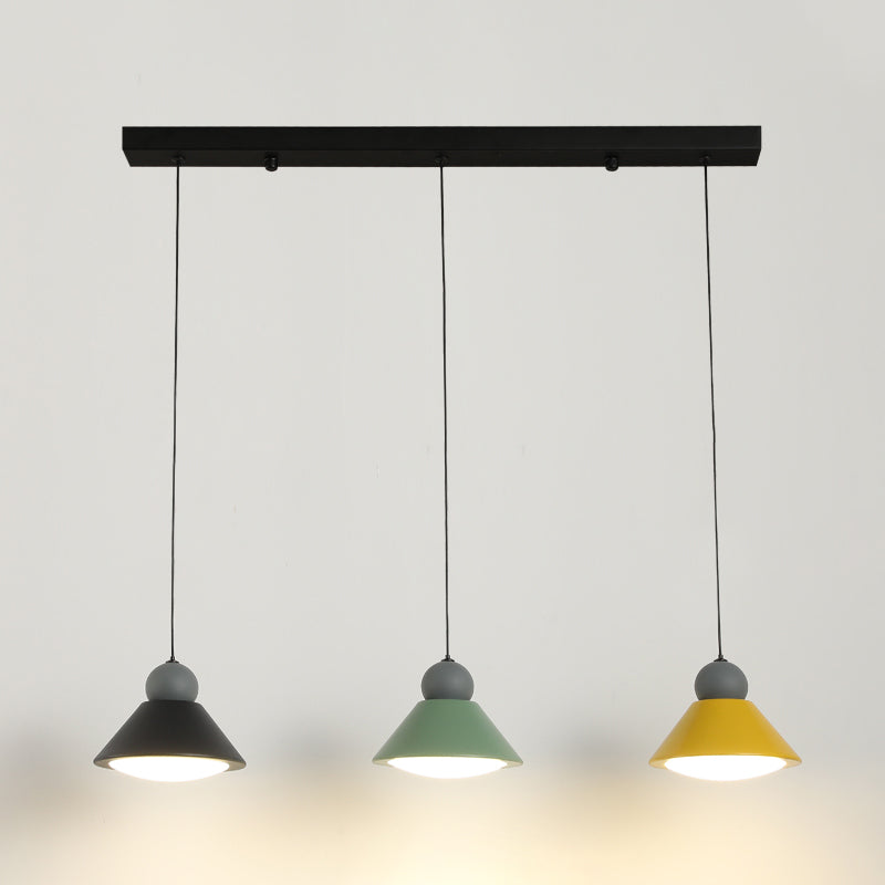 3-Light Dining Room Multi Ceiling Light Macaron Black-Green-Yellow LED Pendant Lamp with Conic Metal Shade Clearhalo 'Ceiling Lights' 'Modern Pendants' 'Modern' 'Pendant Lights' 'Pendants' Lighting' 787673