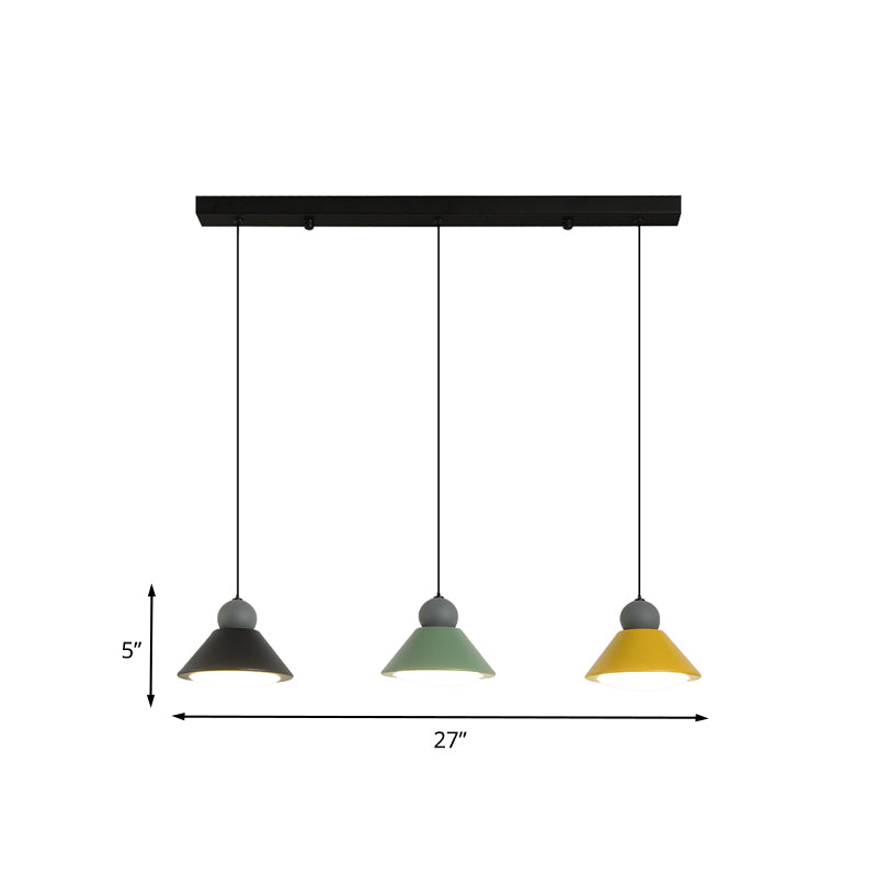3-Light Dining Room Multi Ceiling Light Macaron Black-Green-Yellow LED Pendant Lamp with Conic Metal Shade Clearhalo 'Ceiling Lights' 'Modern Pendants' 'Modern' 'Pendant Lights' 'Pendants' Lighting' 787674