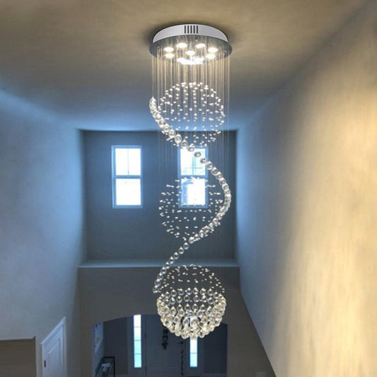 Spiral Cascading Crystal Ceiling Lamp Modern 9 Bulbs Lobby Flush Mount Light Fixture in Satin Nickel Satin Nickel Clearhalo 'Ceiling Lights' 'Close To Ceiling Lights' 'Close to ceiling' 'Flush mount' Lighting' 787705