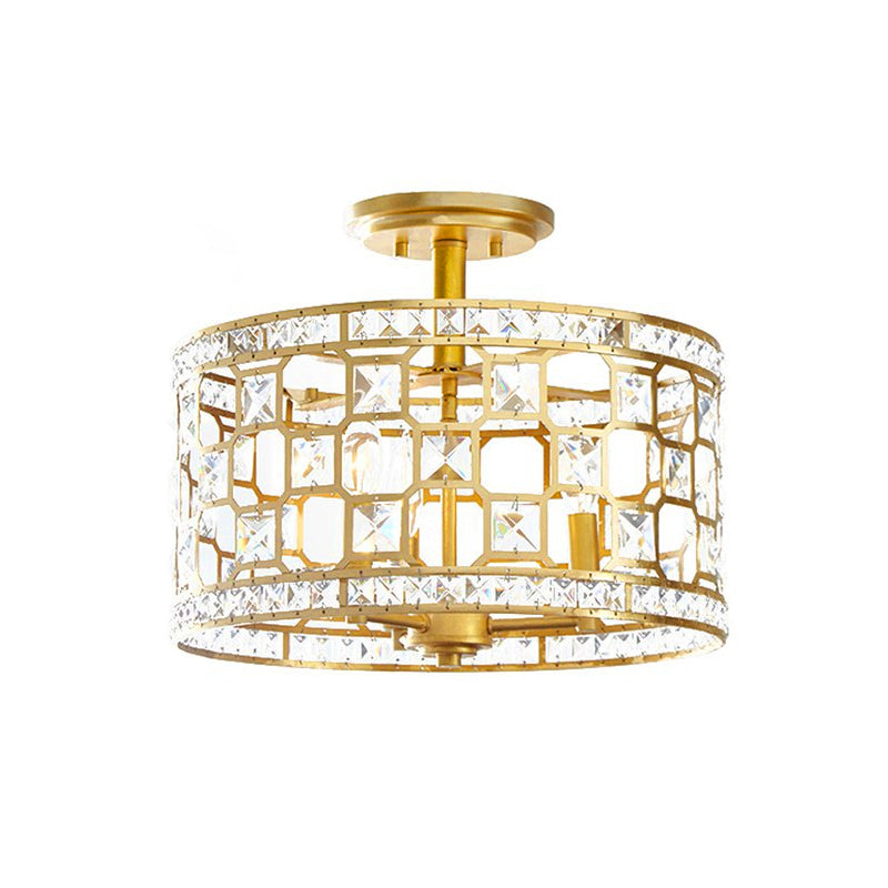 Vintage Hollowed Out Drum Semi Flush 3/4 Heads Crystal Embedded Flush Mount Ceiling Light Fixture in Gold Clearhalo 'Ceiling Lights' 'Close To Ceiling Lights' 'Close to ceiling' 'Semi-flushmount' Lighting' 787738