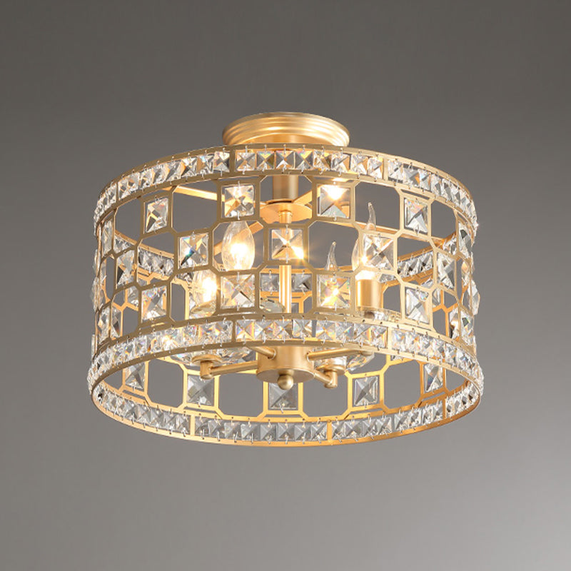 Vintage Hollowed Out Drum Semi Flush 3/4 Heads Crystal Embedded Flush Mount Ceiling Light Fixture in Gold Clearhalo 'Ceiling Lights' 'Close To Ceiling Lights' 'Close to ceiling' 'Semi-flushmount' Lighting' 787739