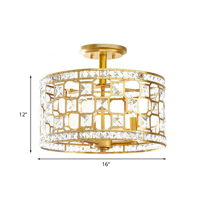 Vintage Hollowed Out Drum Semi Flush 3/4 Heads Crystal Embedded Flush Mount Ceiling Light Fixture in Gold Clearhalo 'Ceiling Lights' 'Close To Ceiling Lights' 'Close to ceiling' 'Semi-flushmount' Lighting' 787740