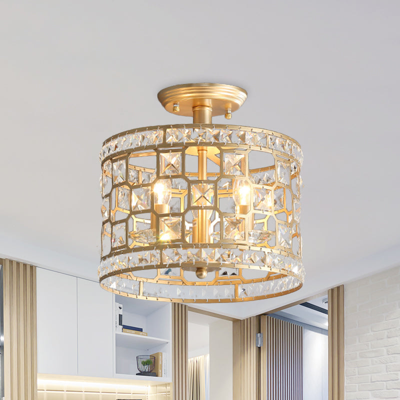 Vintage Hollowed Out Drum Semi Flush 3/4 Heads Crystal Embedded Flush Mount Ceiling Light Fixture in Gold Clearhalo 'Ceiling Lights' 'Close To Ceiling Lights' 'Close to ceiling' 'Semi-flushmount' Lighting' 787741