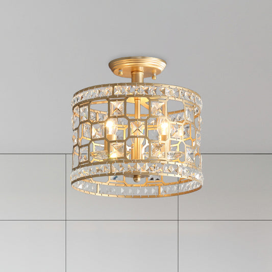 Vintage Hollowed Out Drum Semi Flush 3/4 Heads Crystal Embedded Flush Mount Ceiling Light Fixture in Gold Clearhalo 'Ceiling Lights' 'Close To Ceiling Lights' 'Close to ceiling' 'Semi-flushmount' Lighting' 787742
