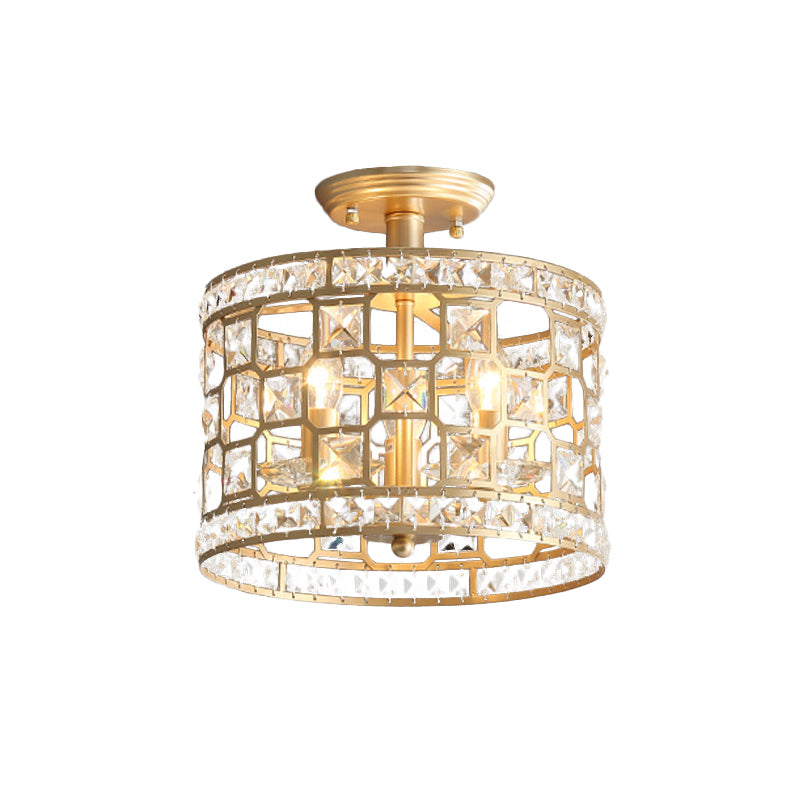 Vintage Hollowed Out Drum Semi Flush 3/4 Heads Crystal Embedded Flush Mount Ceiling Light Fixture in Gold Clearhalo 'Ceiling Lights' 'Close To Ceiling Lights' 'Close to ceiling' 'Semi-flushmount' Lighting' 787743