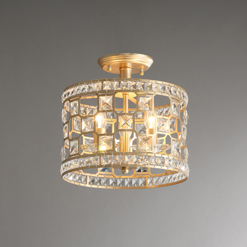 Vintage Hollowed Out Drum Semi Flush 3/4 Heads Crystal Embedded Flush Mount Ceiling Light Fixture in Gold Clearhalo 'Ceiling Lights' 'Close To Ceiling Lights' 'Close to ceiling' 'Semi-flushmount' Lighting' 787744