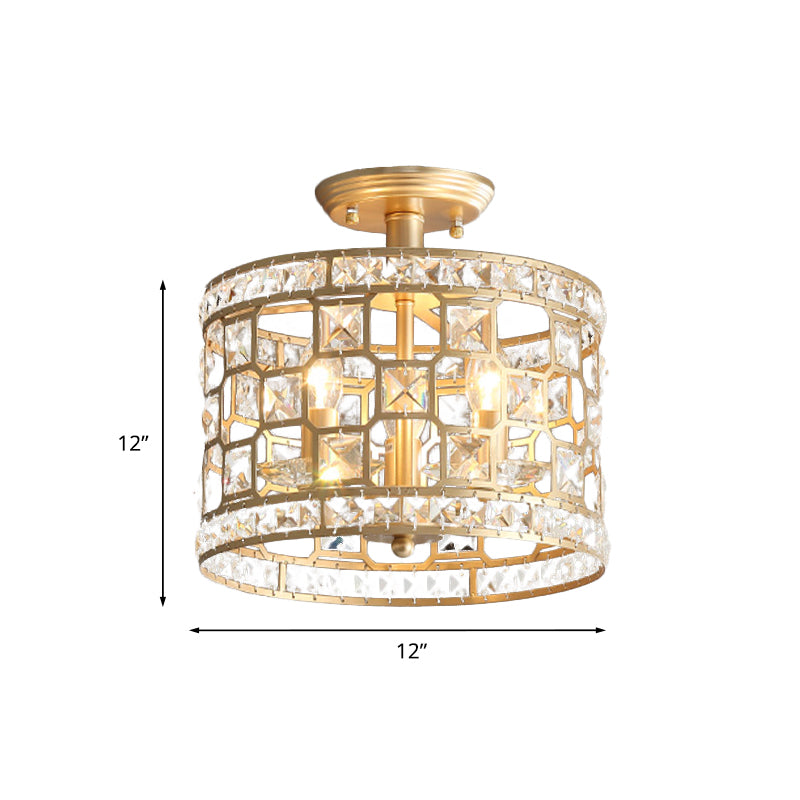 Vintage Hollowed Out Drum Semi Flush 3/4 Heads Crystal Embedded Flush Mount Ceiling Light Fixture in Gold Clearhalo 'Ceiling Lights' 'Close To Ceiling Lights' 'Close to ceiling' 'Semi-flushmount' Lighting' 787745