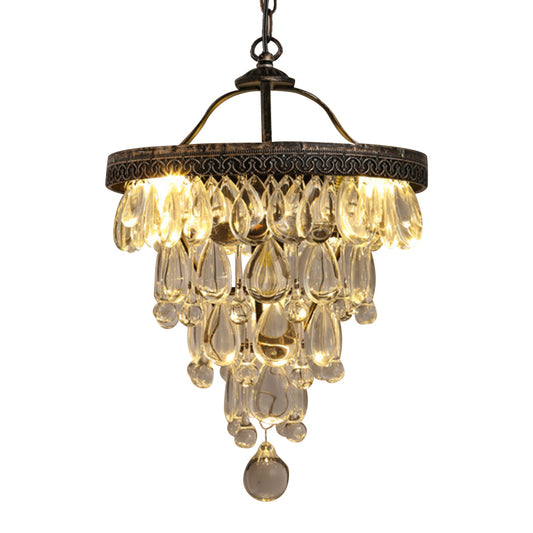 Teardrop Living Room Chandelier Light Fixture Countryside Clear Crystal 3-Light Bronze Hanging Lamp with Layered Design Clearhalo 'Ceiling Lights' 'Chandeliers' Lighting' options 787775