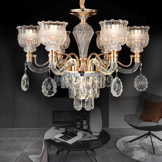 7-Bulb Clear Crystal Chandelier Lighting Fixture Rural Gold Scalloped Bowl Dining Room Hanging Pendant Clearhalo 'Ceiling Lights' 'Chandeliers' Lighting' options 787778