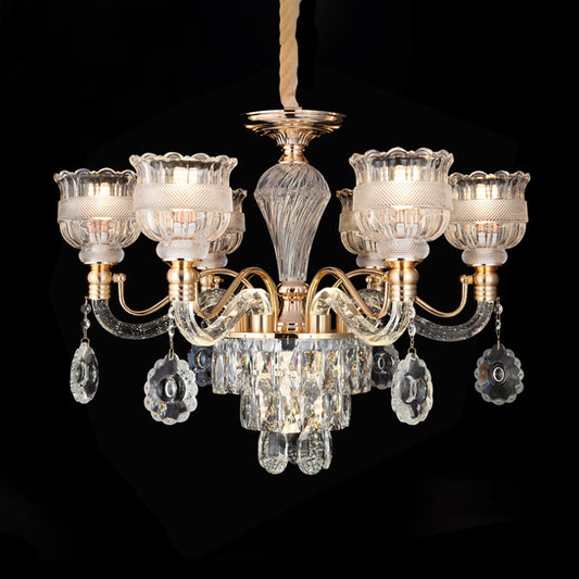 7-Bulb Clear Crystal Chandelier Lighting Fixture Rural Gold Scalloped Bowl Dining Room Hanging Pendant Clearhalo 'Ceiling Lights' 'Chandeliers' Lighting' options 787779