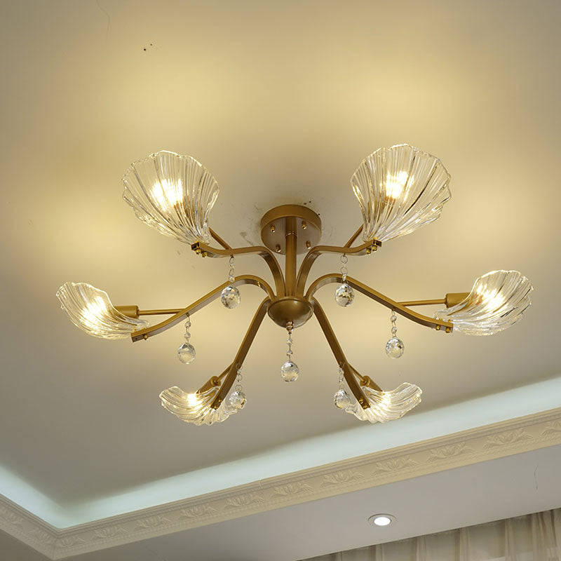 Gold Scalloped Shell Semi Flush Mount Countryside Crystal 6/8-Light Parlor Ceiling Mount Chandelier 6 Gold Clearhalo 'Ceiling Lights' 'Close To Ceiling Lights' 'Close to ceiling' 'Semi-flushmount' Lighting' 787781