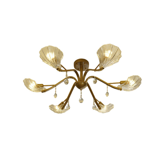 Gold Scalloped Shell Semi Flush Mount Countryside Crystal 6/8-Light Parlor Ceiling Mount Chandelier Clearhalo 'Ceiling Lights' 'Close To Ceiling Lights' 'Close to ceiling' 'Semi-flushmount' Lighting' 787782