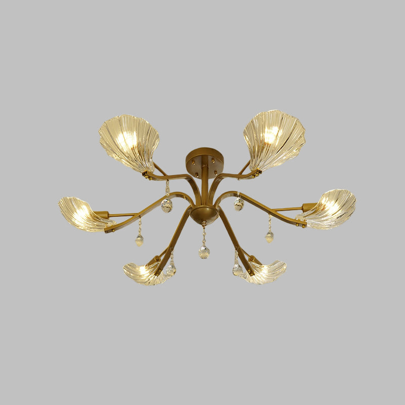 Gold Scalloped Shell Semi Flush Mount Countryside Crystal 6/8-Light Parlor Ceiling Mount Chandelier Clearhalo 'Ceiling Lights' 'Close To Ceiling Lights' 'Close to ceiling' 'Semi-flushmount' Lighting' 787783