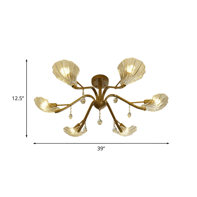 Gold Scalloped Shell Semi Flush Mount Countryside Crystal 6/8-Light Parlor Ceiling Mount Chandelier Clearhalo 'Ceiling Lights' 'Close To Ceiling Lights' 'Close to ceiling' 'Semi-flushmount' Lighting' 787784