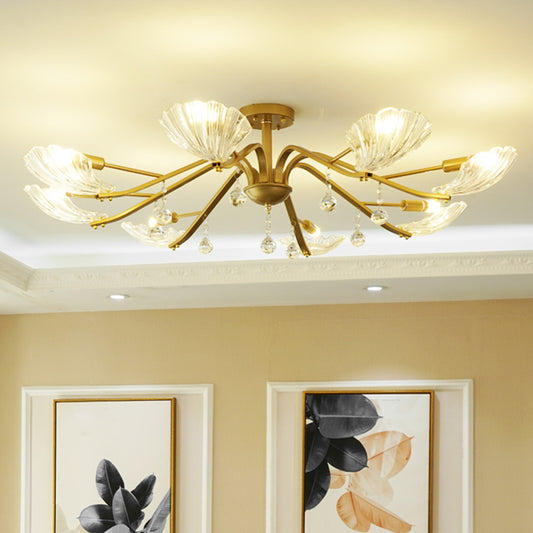 Gold Scalloped Shell Semi Flush Mount Countryside Crystal 6/8-Light Parlor Ceiling Mount Chandelier 8 Gold Clearhalo 'Ceiling Lights' 'Close To Ceiling Lights' 'Close to ceiling' 'Semi-flushmount' Lighting' 787785
