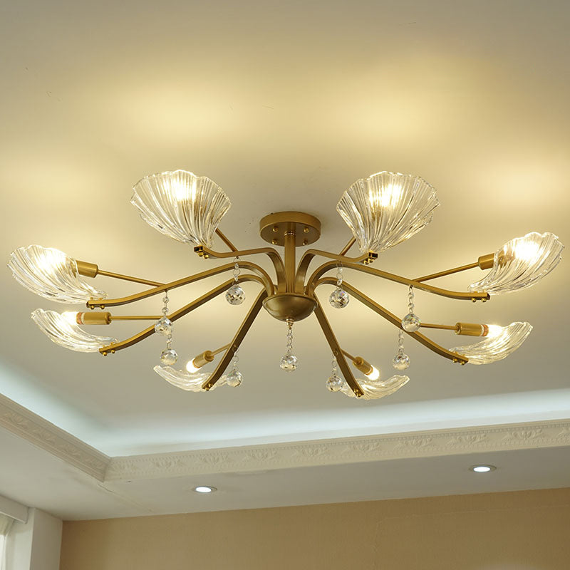 Gold Scalloped Shell Semi Flush Mount Countryside Crystal 6/8-Light Parlor Ceiling Mount Chandelier Clearhalo 'Ceiling Lights' 'Close To Ceiling Lights' 'Close to ceiling' 'Semi-flushmount' Lighting' 787786