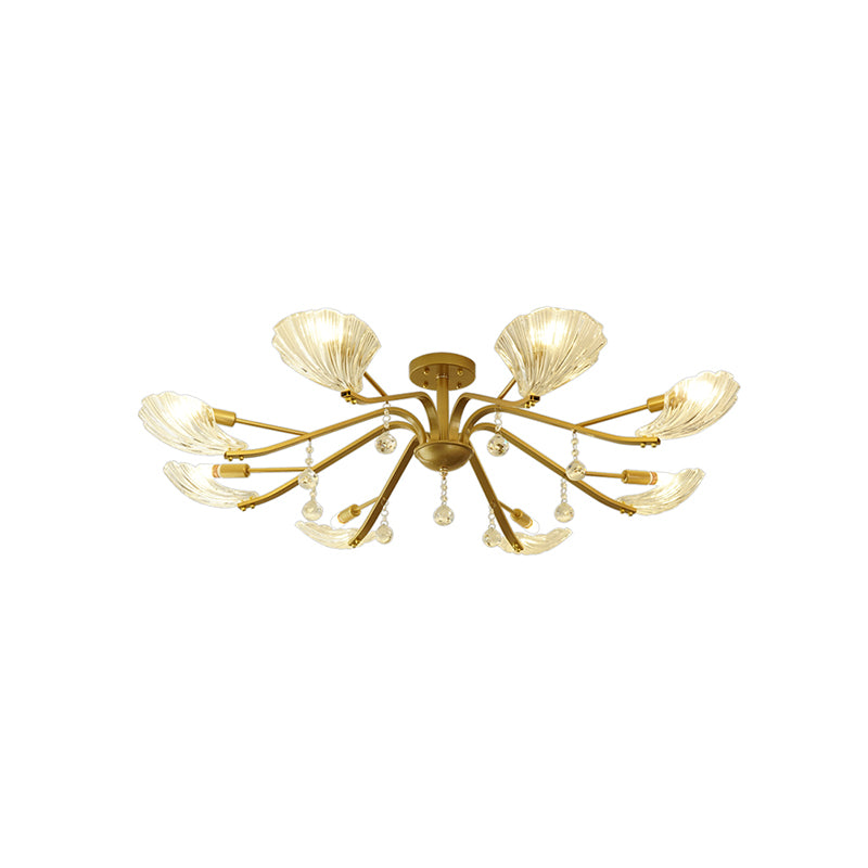 Gold Scalloped Shell Semi Flush Mount Countryside Crystal 6/8-Light Parlor Ceiling Mount Chandelier Clearhalo 'Ceiling Lights' 'Close To Ceiling Lights' 'Close to ceiling' 'Semi-flushmount' Lighting' 787787
