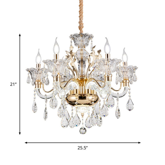 Clear Crystal Teardrop Chandelier Light Classic 6/8-Light Bedroom Hanging Pendant in Gold with Twisted Arm Clearhalo 'Ceiling Lights' 'Chandeliers' Lighting' options 787841