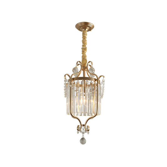 Cylindrical K9 Strip Crystal Hanging Lamp Country Style 1 Head Dining Room Down Lighting Pendant in Gold Clearhalo 'Ceiling Lights' 'Pendant Lights' 'Pendants' Lighting' 787874