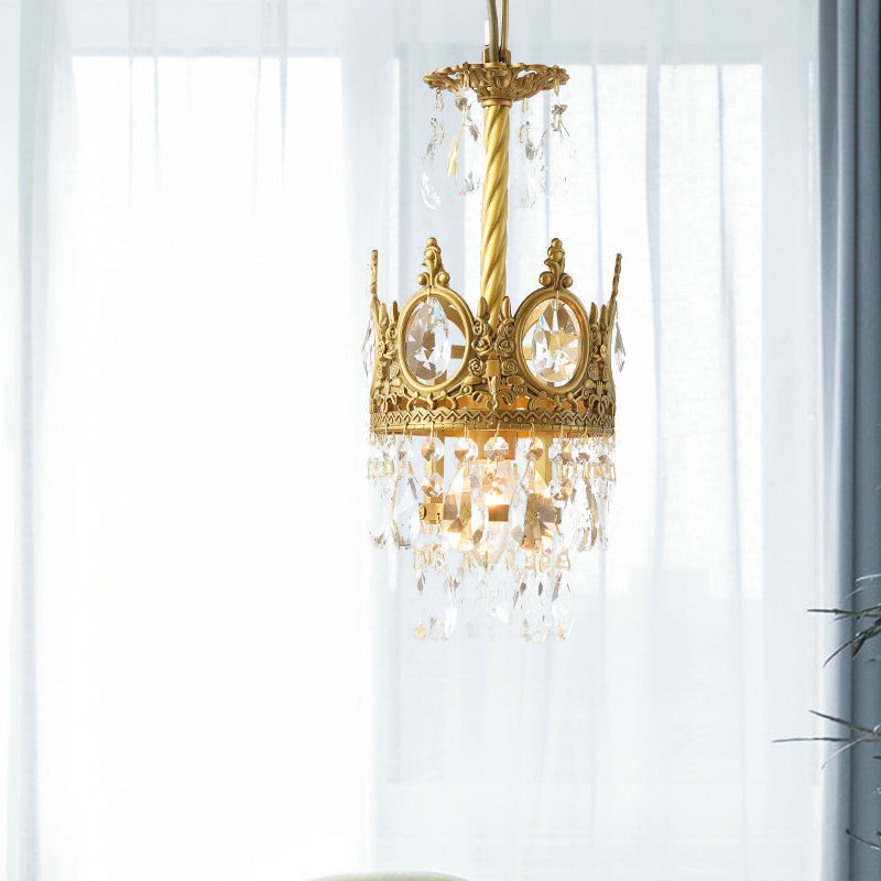 1 Bulb Faceted Crystal Droplet Pendant Vintage Gold Crown Living Room Ceiling Hanging Light Clearhalo 'Ceiling Lights' 'Pendant Lights' 'Pendants' Lighting' 787893