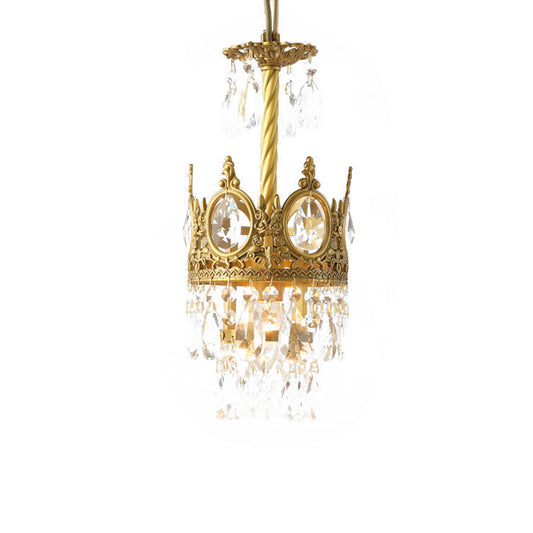 1 Bulb Faceted Crystal Droplet Pendant Vintage Gold Crown Living Room Ceiling Hanging Light Clearhalo 'Ceiling Lights' 'Pendant Lights' 'Pendants' Lighting' 787894