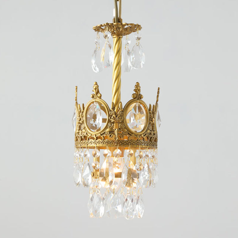 1 Bulb Faceted Crystal Droplet Pendant Vintage Gold Crown Living Room Ceiling Hanging Light Clearhalo 'Ceiling Lights' 'Pendant Lights' 'Pendants' Lighting' 787895