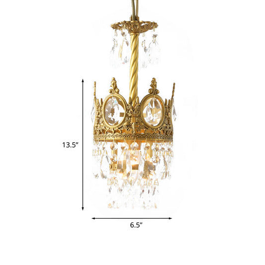 1 Bulb Faceted Crystal Droplet Pendant Vintage Gold Crown Living Room Ceiling Hanging Light Clearhalo 'Ceiling Lights' 'Pendant Lights' 'Pendants' Lighting' 787896