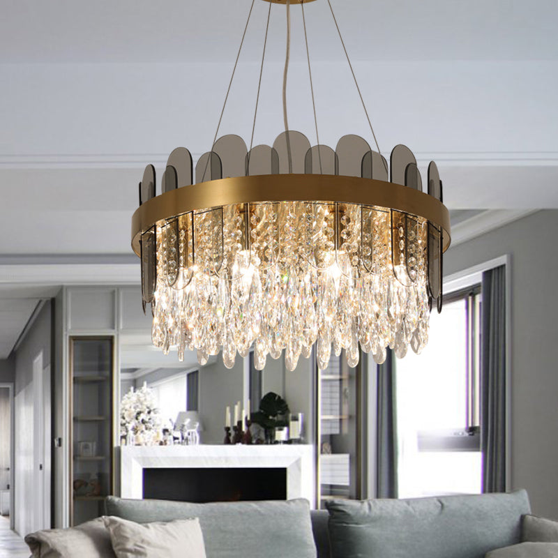 Drum Dining Room Ceiling Chandelier Retro Crystal 8/12 Lights Gold Finish Pendant Light Fixture with Oval Panel Deco 8 Gold Clearhalo 'Ceiling Lights' 'Chandeliers' Lighting' options 787897_f084bfc5-5bf6-4c2f-b3dd-befac5582578