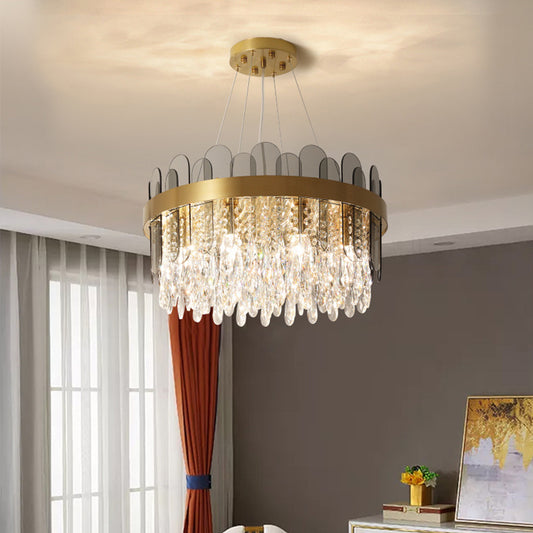 Drum Dining Room Ceiling Chandelier Retro Crystal 8/12 Lights Gold Finish Pendant Light Fixture with Oval Panel Deco Clearhalo 'Ceiling Lights' 'Chandeliers' Lighting' options 787898