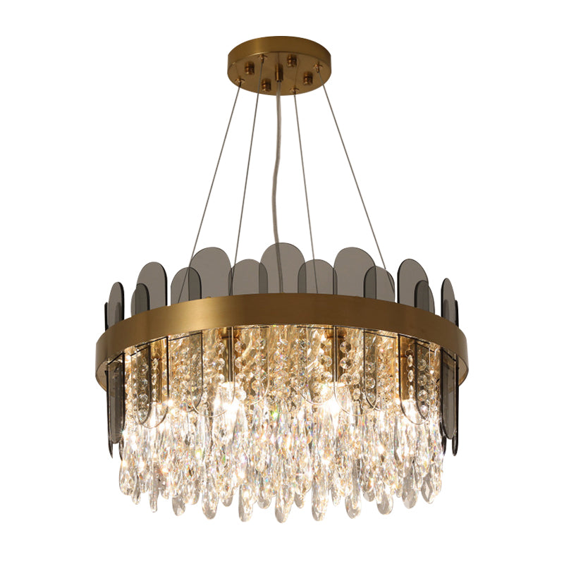 Drum Dining Room Ceiling Chandelier Retro Crystal 8/12 Lights Gold Finish Pendant Light Fixture with Oval Panel Deco Clearhalo 'Ceiling Lights' 'Chandeliers' Lighting' options 787899