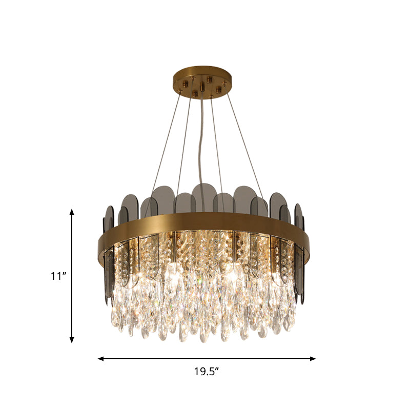 Drum Dining Room Ceiling Chandelier Retro Crystal 8/12 Lights Gold Finish Pendant Light Fixture with Oval Panel Deco Clearhalo 'Ceiling Lights' 'Chandeliers' Lighting' options 787900