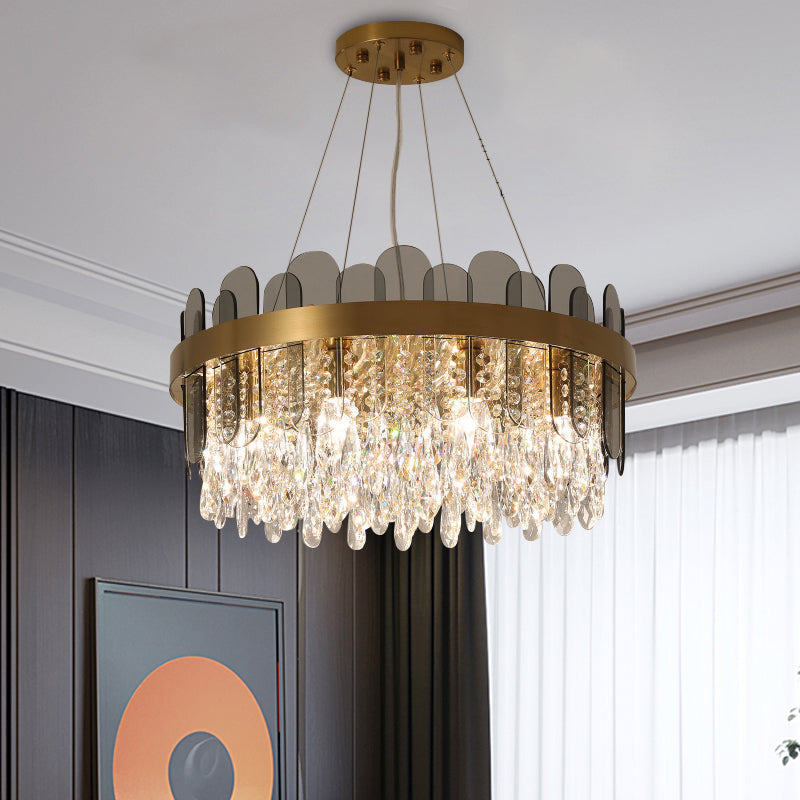 Drum Dining Room Ceiling Chandelier Retro Crystal 8/12 Lights Gold Finish Pendant Light Fixture with Oval Panel Deco 12 Gold Clearhalo 'Ceiling Lights' 'Chandeliers' Lighting' options 787901_4ff36057-854f-4f51-9dcc-2edb1d4e9fd4