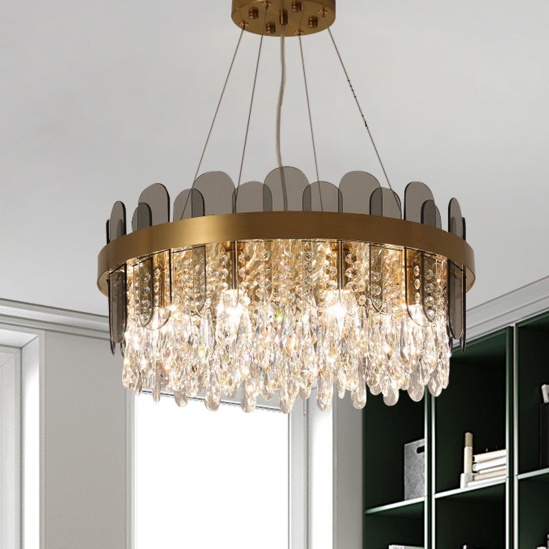 Drum Dining Room Ceiling Chandelier Retro Crystal 8/12 Lights Gold Finish Pendant Light Fixture with Oval Panel Deco Clearhalo 'Ceiling Lights' 'Chandeliers' Lighting' options 787902