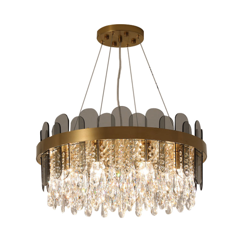 Drum Dining Room Ceiling Chandelier Retro Crystal 8/12 Lights Gold Finish Pendant Light Fixture with Oval Panel Deco Clearhalo 'Ceiling Lights' 'Chandeliers' Lighting' options 787903