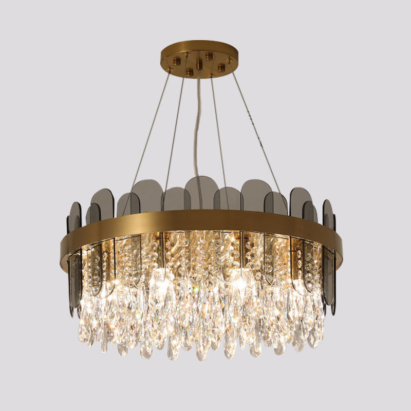 Drum Dining Room Ceiling Chandelier Retro Crystal 8/12 Lights Gold Finish Pendant Light Fixture with Oval Panel Deco Clearhalo 'Ceiling Lights' 'Chandeliers' Lighting' options 787904