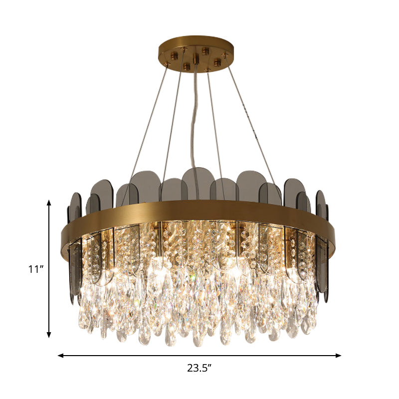 Drum Dining Room Ceiling Chandelier Retro Crystal 8/12 Lights Gold Finish Pendant Light Fixture with Oval Panel Deco Clearhalo 'Ceiling Lights' 'Chandeliers' Lighting' options 787905