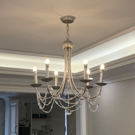 3/6 Heads Metal Hanging Chandelier Traditional Silver Candelabra Pendant Lamp with Crystal Strand Deco Clearhalo 'Ceiling Lights' 'Chandeliers' Lighting' options 787915