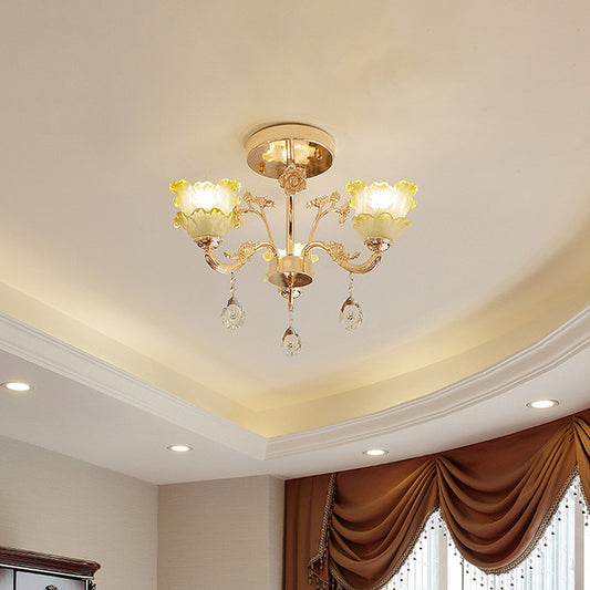 3-Light Semi Flush Mount Light Classic Dining Room Ceiling Lighting with Lotus Crystal Shade in Gold Gold Clearhalo 'Ceiling Lights' 'Close To Ceiling Lights' 'Close to ceiling' 'Semi-flushmount' Lighting' 787923