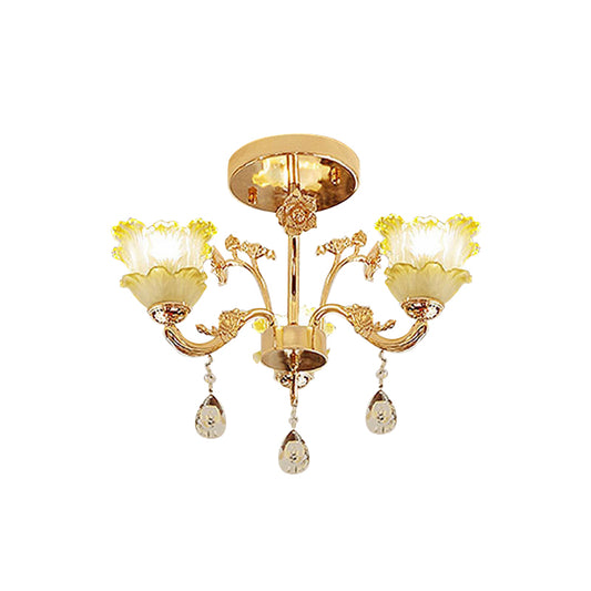 3-Light Semi Flush Mount Light Classic Dining Room Ceiling Lighting with Lotus Crystal Shade in Gold Clearhalo 'Ceiling Lights' 'Close To Ceiling Lights' 'Close to ceiling' 'Semi-flushmount' Lighting' 787924
