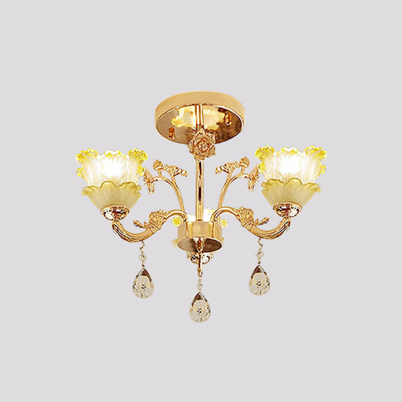 3-Light Semi Flush Mount Light Classic Dining Room Ceiling Lighting with Lotus Crystal Shade in Gold Clearhalo 'Ceiling Lights' 'Close To Ceiling Lights' 'Close to ceiling' 'Semi-flushmount' Lighting' 787925