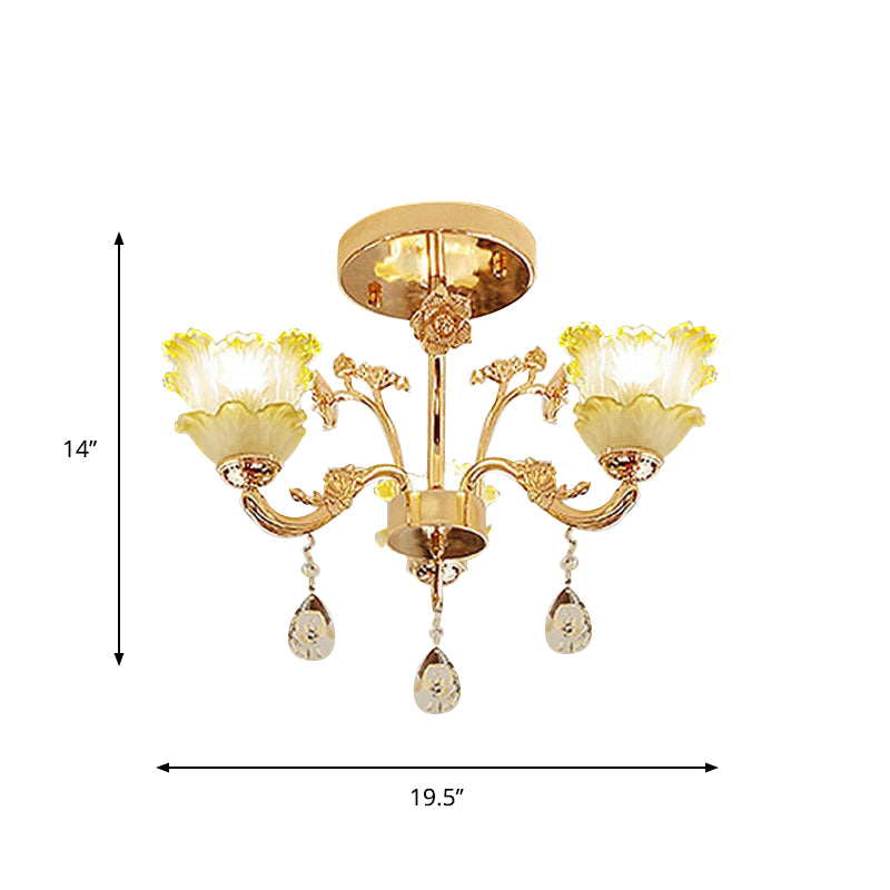 3-Light Semi Flush Mount Light Classic Dining Room Ceiling Lighting with Lotus Crystal Shade in Gold Clearhalo 'Ceiling Lights' 'Close To Ceiling Lights' 'Close to ceiling' 'Semi-flushmount' Lighting' 787926